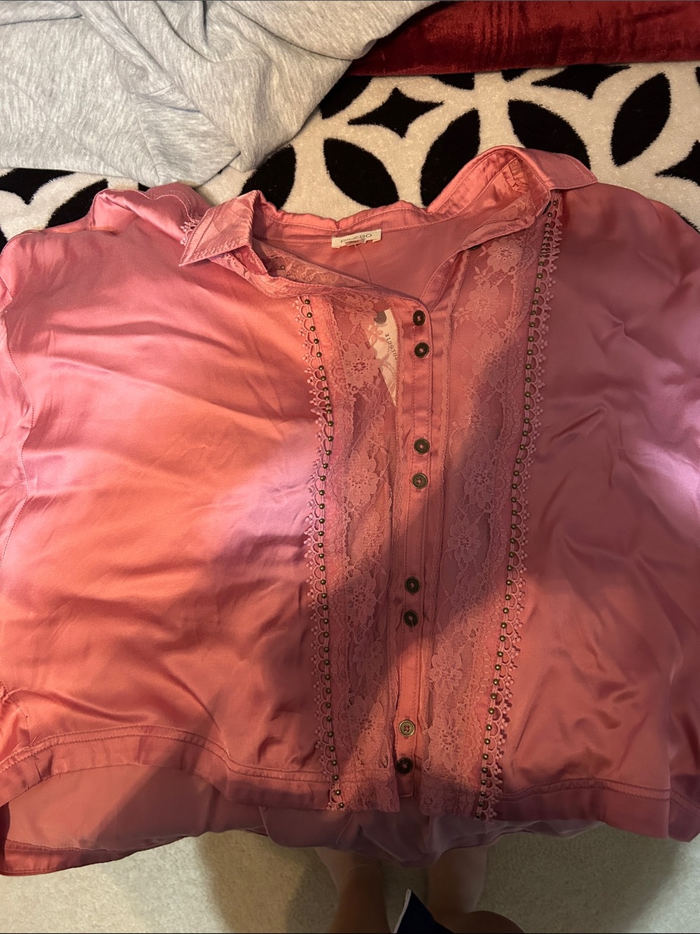 Pilcro Rose-Pink Lace Trim Button-Front Blouse
